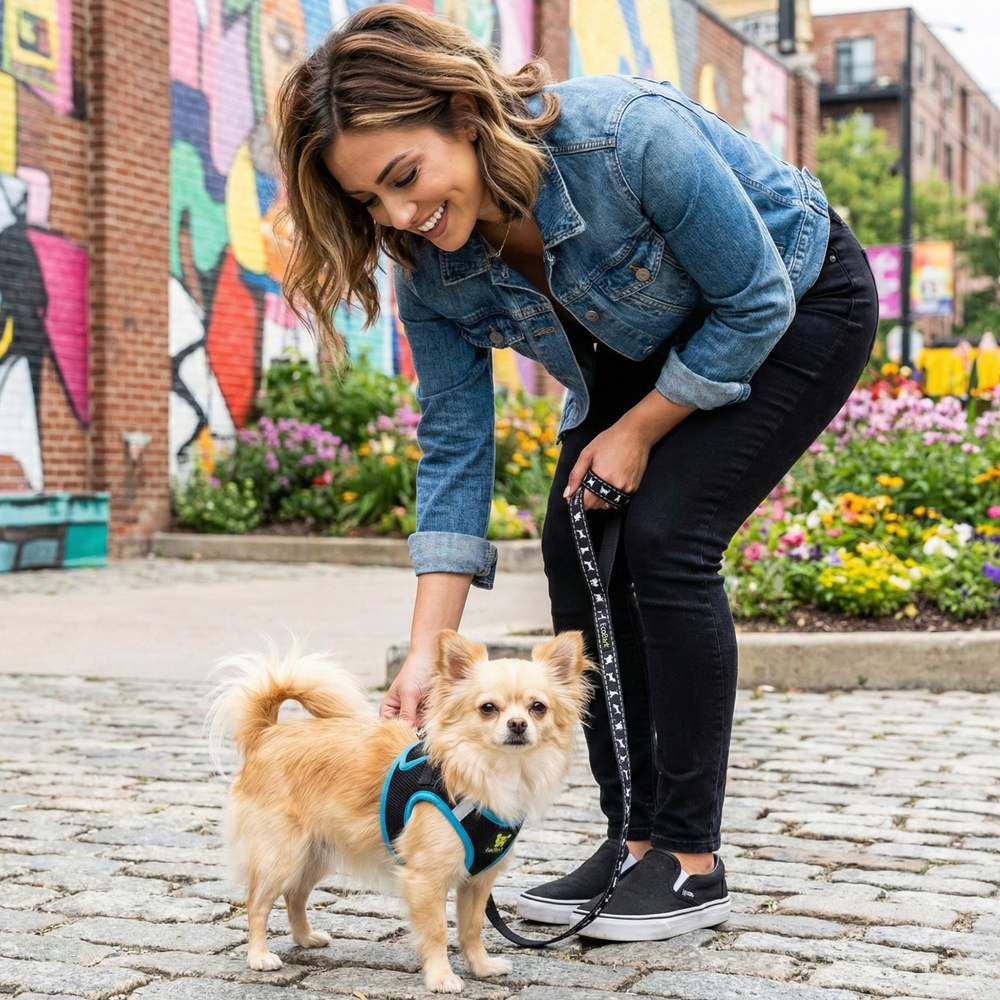 EcoBark Step In Dog Harness - XXXS to Small Breeds- Reflective Soft Mesh Harness for Teacup, Small Dogs and Puppies / Black w/ Teal Piping