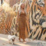 Small white Maltese dog wearing a Cheetah print EcoBark mesh step-in dog harness with reflective strips walking outside with owner by a mural.