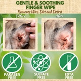 Before and after comparison of a dog's ear cleaned with EcoBark gentle and soothing finger wipes, showing the removal of wax, dirt, and debris.