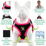 nfographic showing a white dog mannequin wearing an EcoBark mesh black and pink small step-in harness. Callouts highlight features including reflective bands, strong clip with double steel D-rings, soft breathable Trinity air mesh, adjustable hook and loop fastener, sustainable eco-friendly recycled materials, and veterinarian reviewed status.