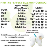 Sizing chart for EcoBark dog harnesses showing sizes XXXS to Small Breeds with corresponding weight in pounds and chest measurements in inches, including a diagram of where to measure a dog's rib cage.
