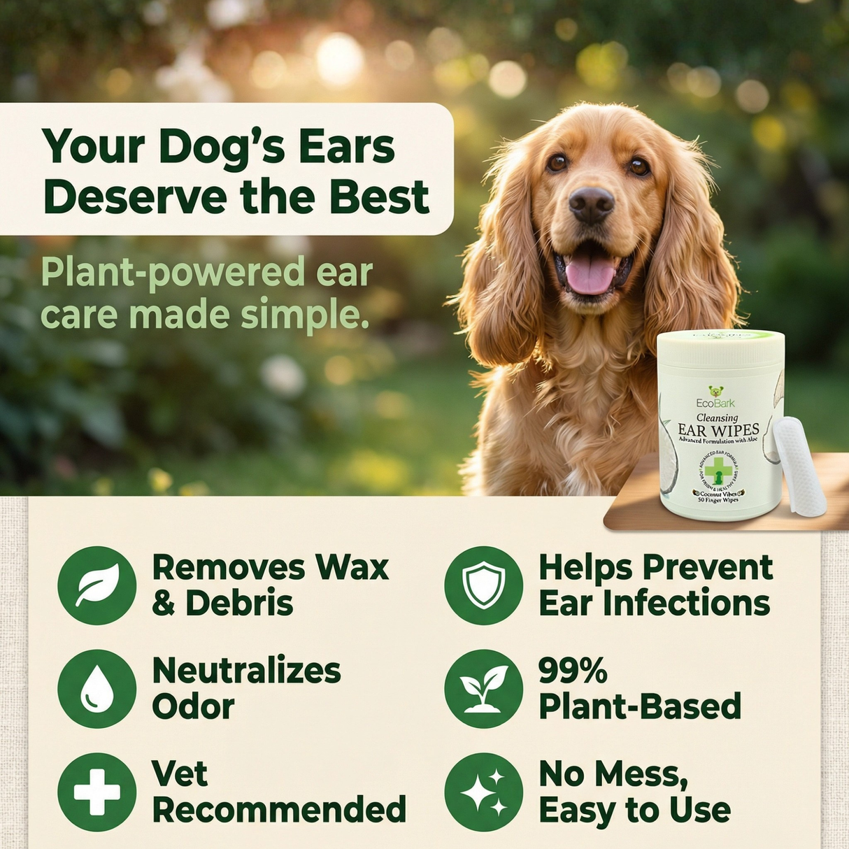 Infographic for EcoBark Dog Ear Wipes featuring a Cocker Spaniel and a tub of finger wipes. Text reads: 'Your Dog's Ears Deserve the Best. Plant-powered ear care made simple.' Icons highlight 6 benefits: Removes Wax & Debris, Helps Prevent Ear Infections, Neutralizes Odor, 99% Plant-Based, Vet Recommended, and No Mess, Easy to Use.
