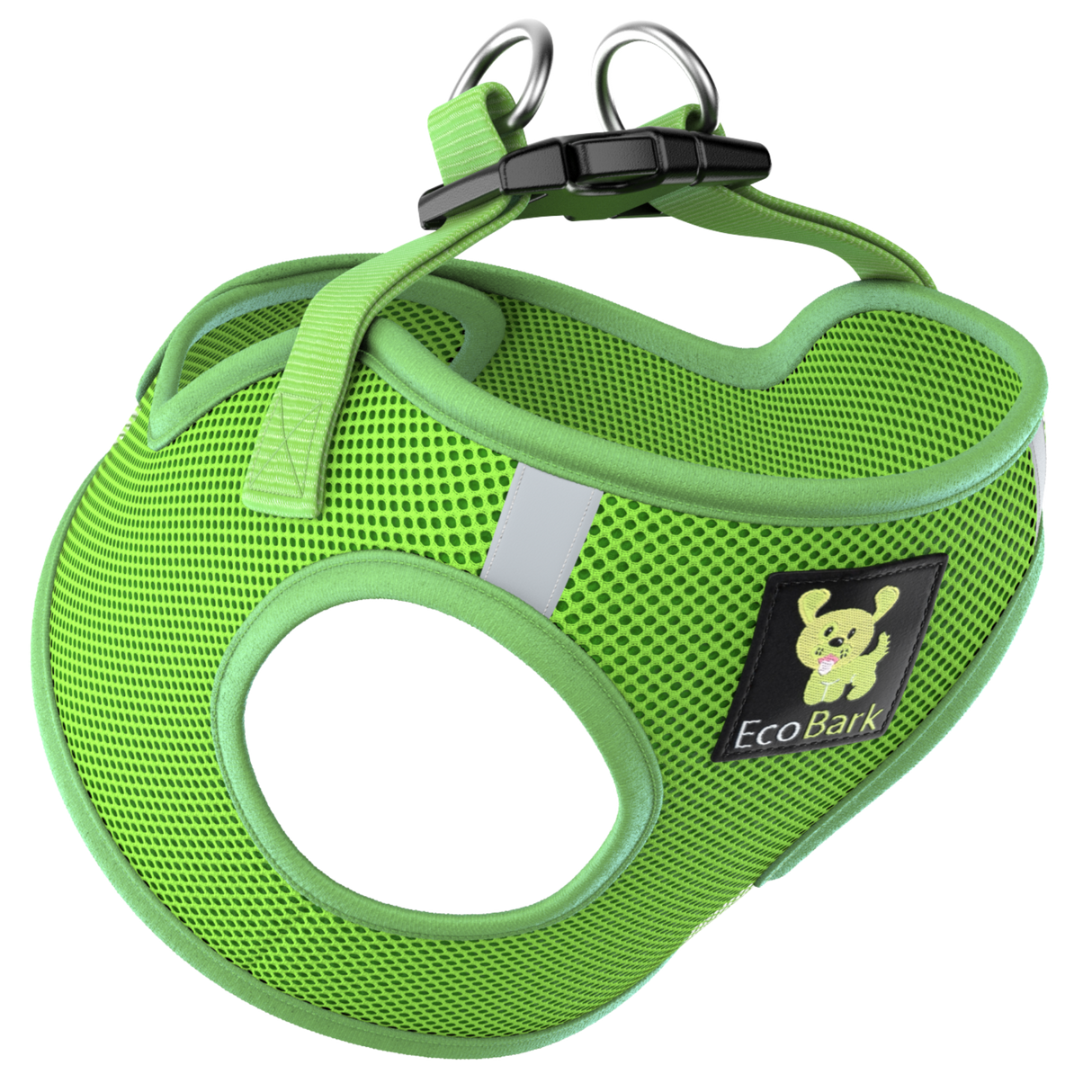 Lime green EcoBark breathable mesh step-in dog harness for small dogs, featuring the EcoBark logo, green adjustable straps, a quick-release buckle, and double steel D-rings