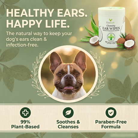 Infographic for EcoBark Cleansing Dog Ear Wipes featuring a French Bulldog. Text highlights: 'Healthy Ears. Happy Life. The natural way to keep your dog's ears clean & infection-free.' Icons at the bottom indicate the product is 99% Plant-Based, Soothes & Cleanses, and has a Paraben-Free Formula.