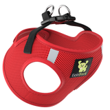 Red EcoBark breathable mesh step-in dog harness for small dogs, featuring black adjustable straps, a quick-release buckle, and double steel D-rings
