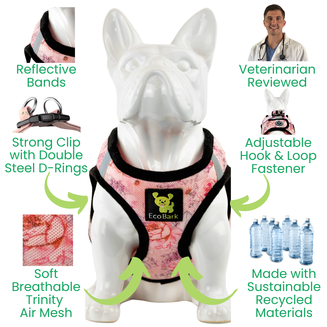 EcoBark Mesh Step-In Dog Harness in Rose Floral design showcasing key benefits: reflective bands, veterinarian reviewed, strong clip with double D-rings, adjustable hook & loop fastener, soft breathable mesh, and use of sustainable recycled materials.