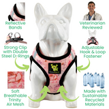 EcoBark Mesh Step-In Dog Harness in Rose Floral design showcasing key benefits: reflective bands, veterinarian reviewed, strong clip with double D-rings, adjustable hook & loop fastener, soft breathable mesh, and use of sustainable recycled materials.