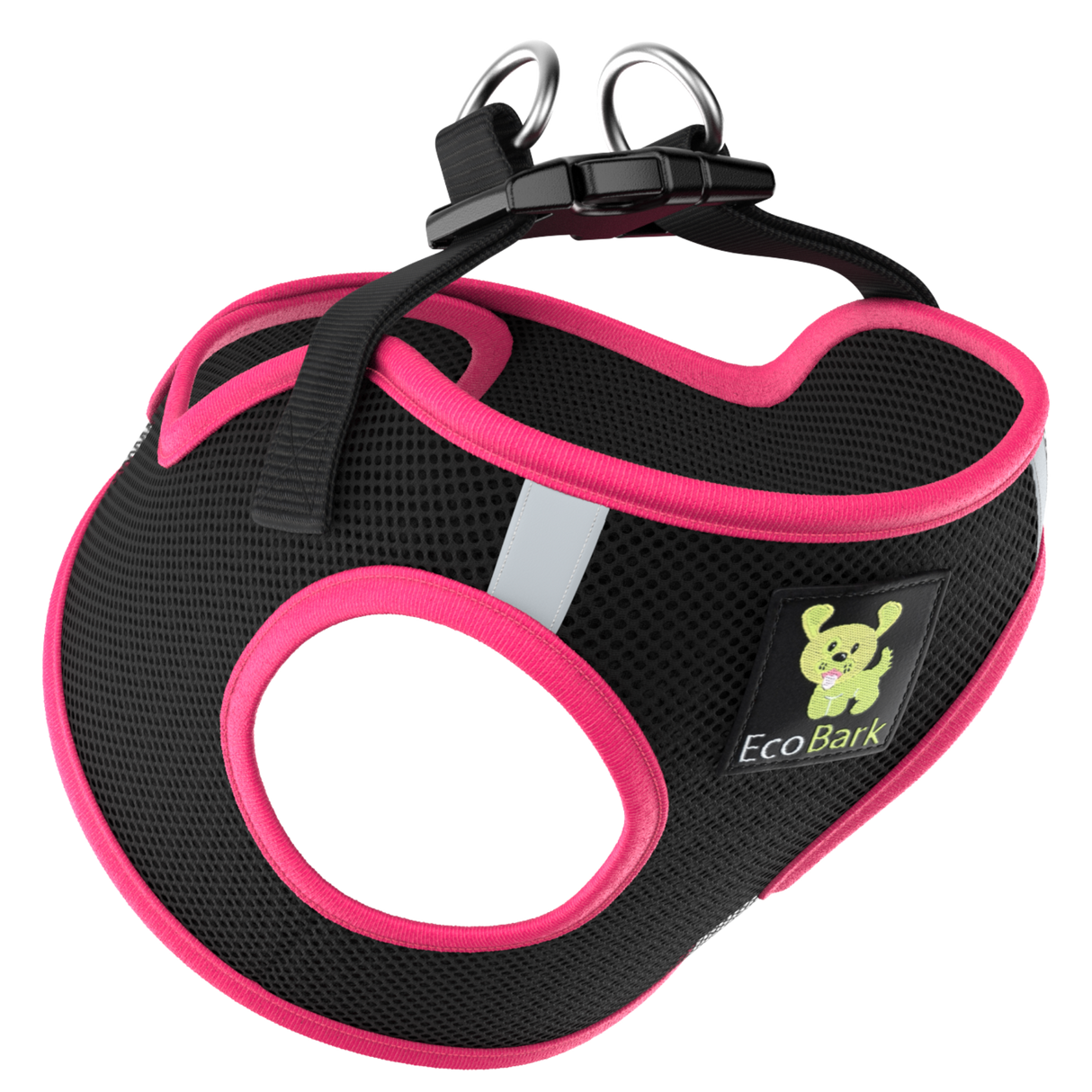 EcoBark black and pink mesh small dog harness on a transparent background.