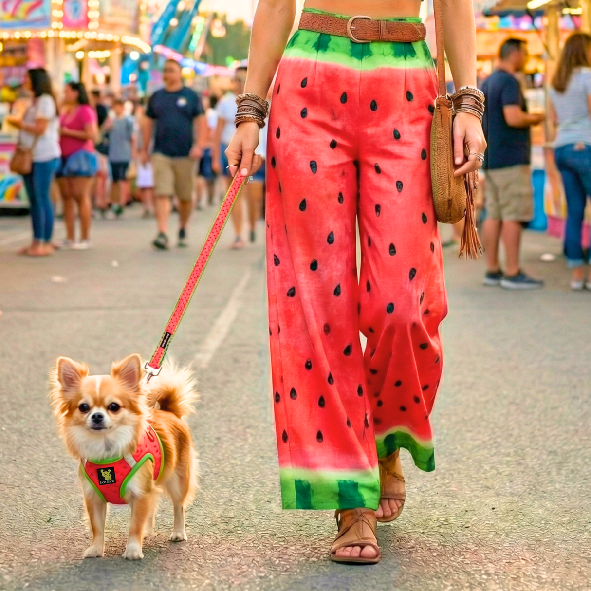 A female wearing watermelon-patterned pants walking a teacup fluffy chihuahua at a fair. The dog is wearing a matching EcoBark mesh xxs watermelon step-in dog harness made of soft mesh.