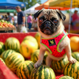 A Pug sitting among fresh watermelons at an outdoor market, wearing an EcoBark mesh step-in dog harness in the watermelon pattern.