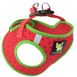 EcoBark small mesh step-in dog harness in a red and green watermelon pattern, featuring breathable soft mesh and a reflective band