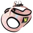 EcoBark Floral dog harness featuring a pink rose pattern with black trim, reflective shoulder strips, and padded breathable mesh on a white background.