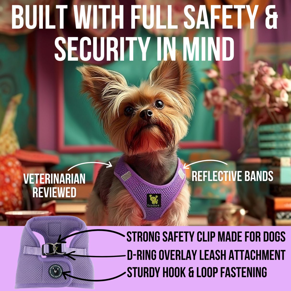 Lavender EcoBark Step-In Dog Harness safety features diagram on a 2 lb  teacup Yorkie, highlighting veterinarian reviewed design, reflective bands, and secure triple closures.