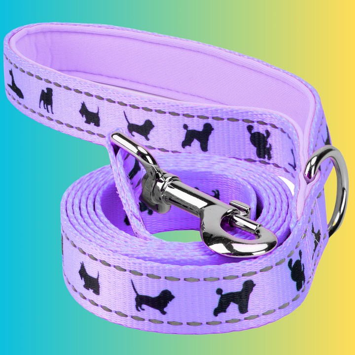 LAVENDER DOG LEASH- ECOBARK- COMFORT GRIP PADDED LEASH WITH DOG PATTERN DESIGN 5FT FOR SMALL AND MEDIUM DOGS