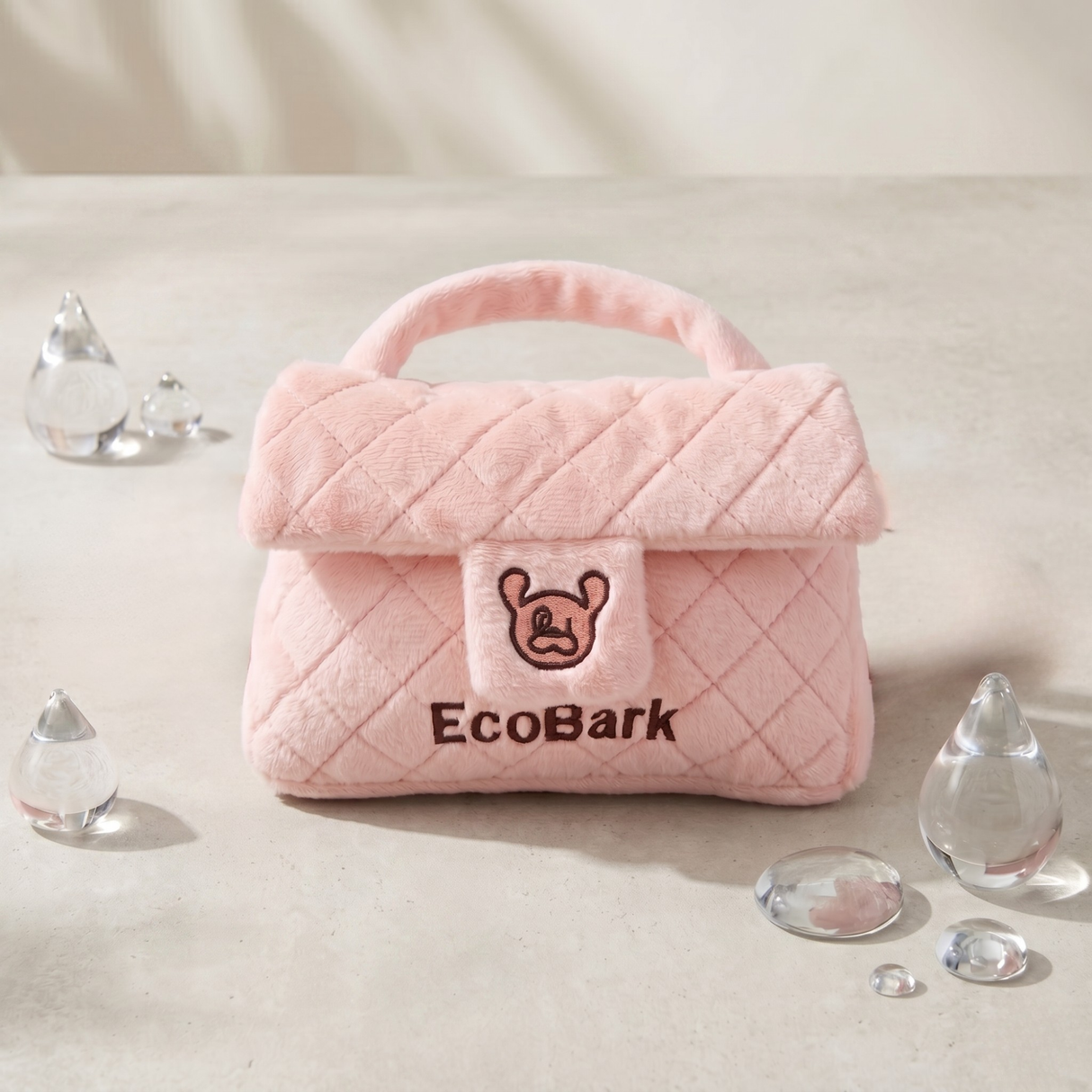 Cute EcoBark Plush Purse Dog Toy | Pink Quilted Pet Handbag