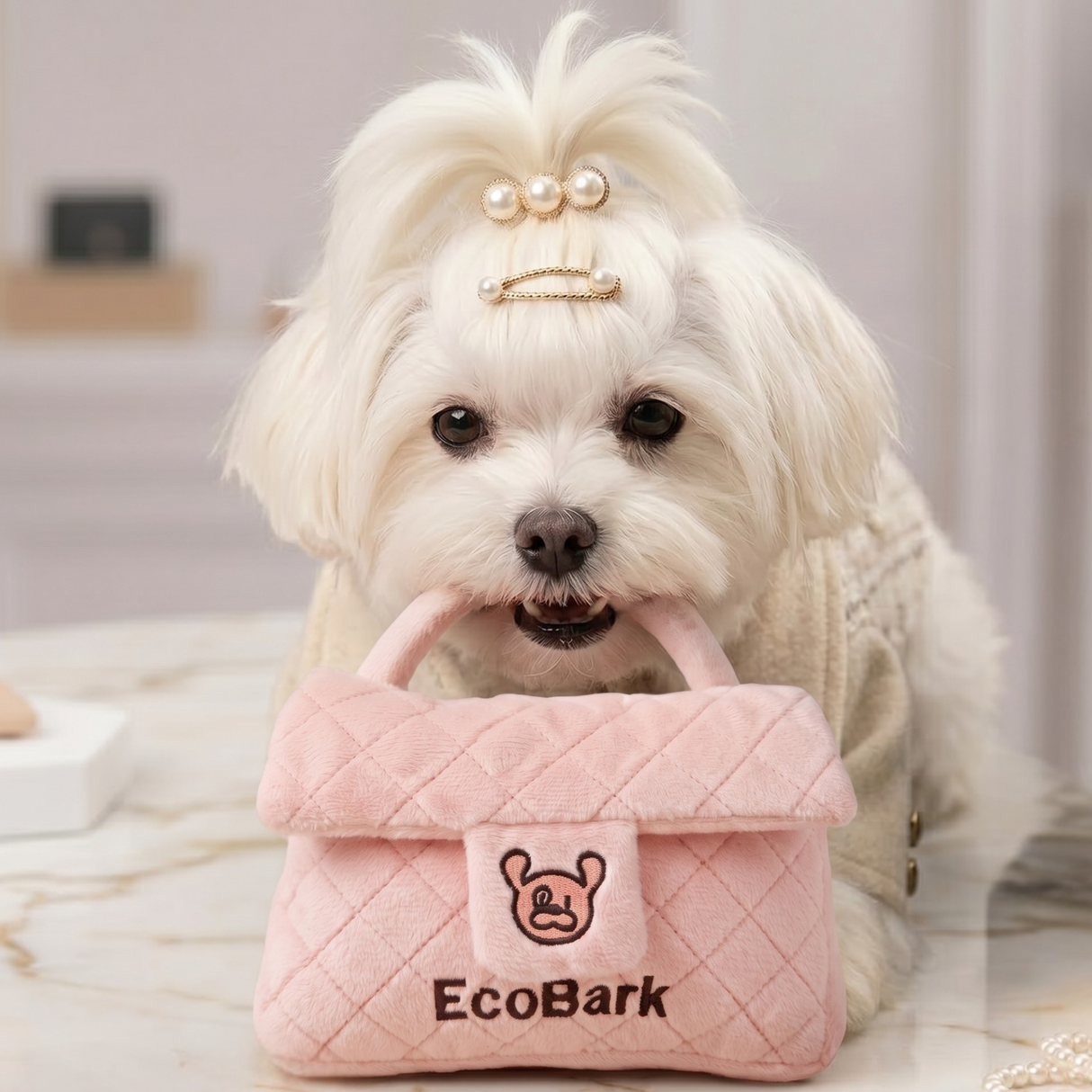 Cute EcoBark Plush Purse Dog Toy | Pink Quilted Pet Handbag