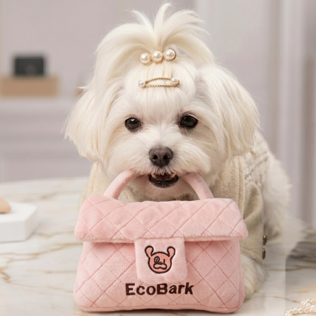 Cute EcoBark Plush Purse Dog Toy | Pink Quilted Pet Handbag EcoBark Pet Supplies