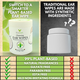 Comparison chart showing the benefits of EcoBark plant-based dog ear wipes with natural ingredients versus traditional synthetic ear wipes.