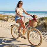 A woman riding a cruiser bicycle on a sandy beach path, with a miniature dachshund wearing a red EcoBark mesh step-in dog harness sitting safely in the front basket.