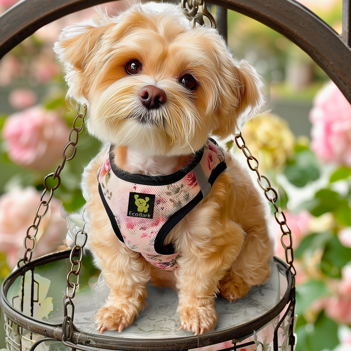 A xs fluffy Morkie or Maltipoo puppy wearing a French Floral EcoBark mesh step-in harness, sitting on a vintage metal plant stand surrounded by pink roses in a garden.