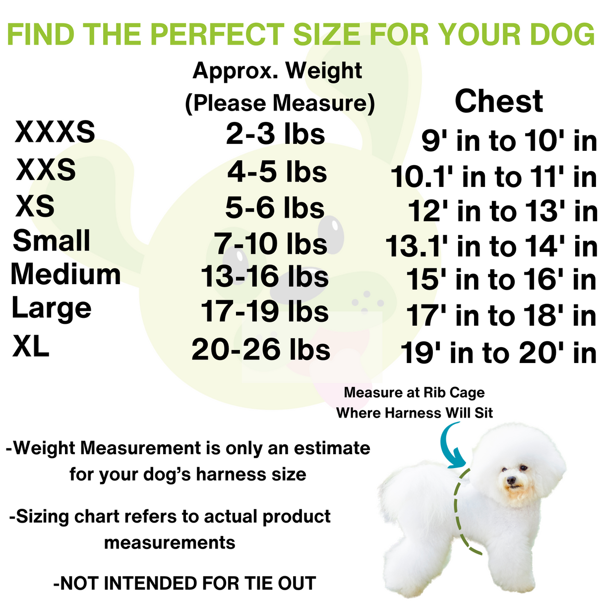 Sizing chart for the EcoBark step-in dog harness, showing sizes XXXS to Small breed sizing on approximate weight and chest measurements. It includes a diagram showing how to measure a dog's chest at the rib cage to find the perfect fit.