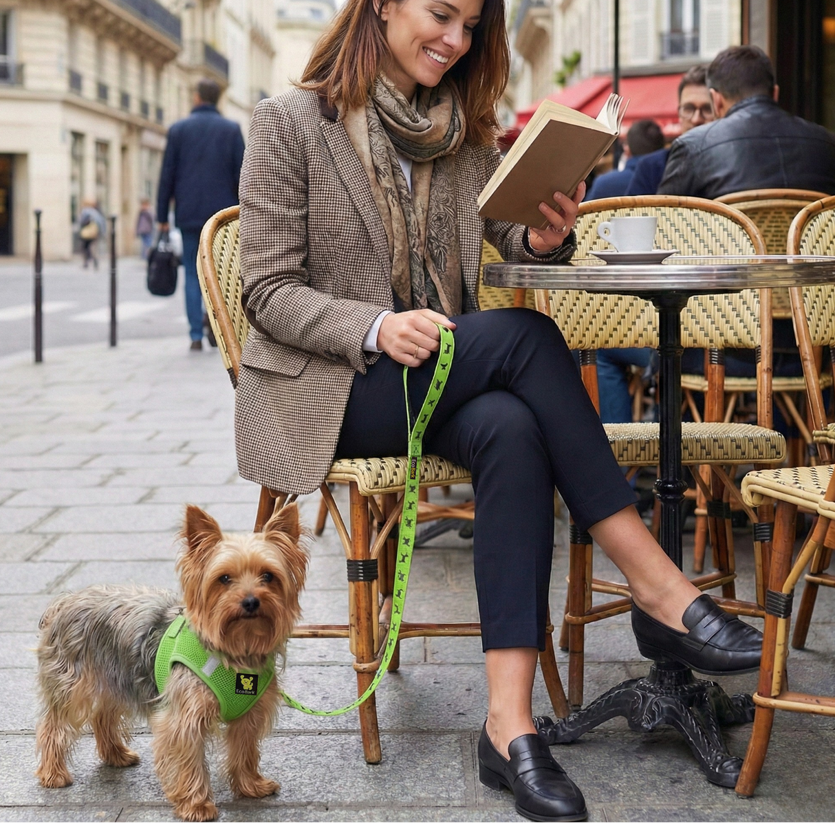 A woman sitting at an outdoor cafe table with a tiny Yorkshire Terrier wearing a mesh lime green EcoBark step-in dog harness and matching leash.
