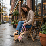 A xxs teacup long-haired Chihuahua wearing a Baby Pink EcoBark mesh step-in harness and matching leash set, standing on a city sidewalk next to its owner sitting on a wooden chair