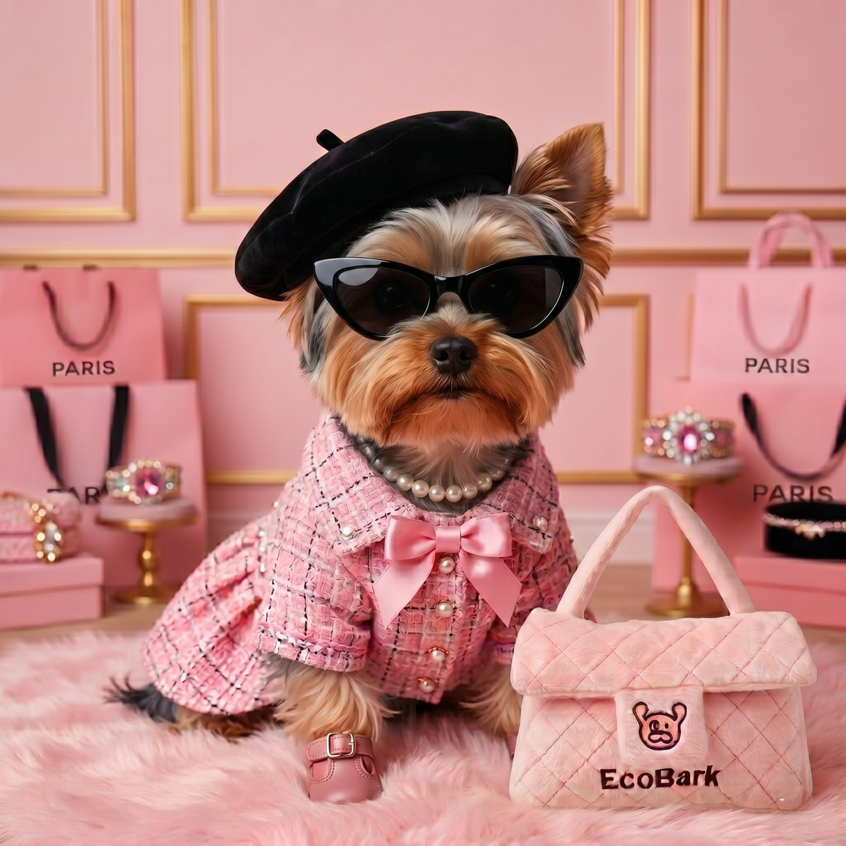 Cute EcoBark Plush Purse Dog Toy | Pink Quilted Pet Handbag