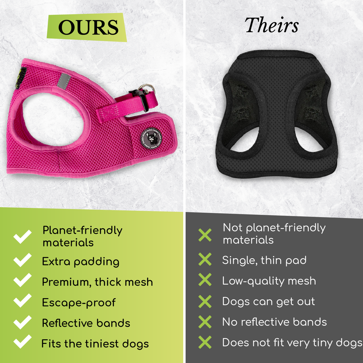 Comparison chart of EcoBark Step-In Dog Harness vs competitors, highlighting features like planet-friendly materials, extra padding, breathable mesh, escape-proof design, reflective bands, and fits the tiniest dogs.
