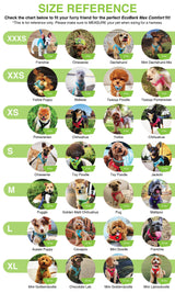 EcoBark dog harness size reference chart showing visual examples of dog breeds for sizes XXXS through XL. It features examples like Yorkies, Chihuahuas, Mini Dachshund, Pomeranian, and toy poodles to help customers find the perfect fit for their pet.
