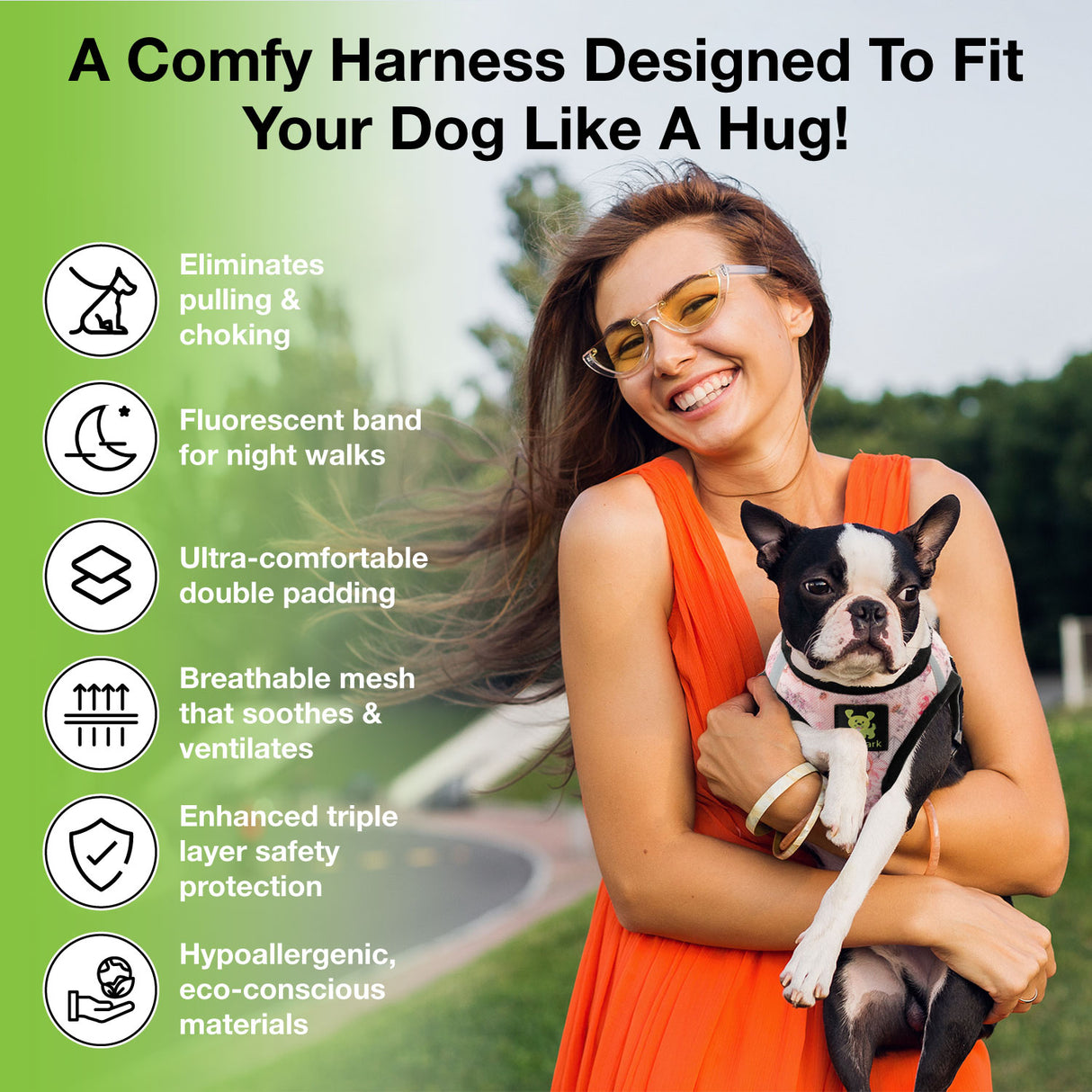 Infographic for the Rose Floral EcoBark dog harness featuring a woman holding a Boston Terrier, with icons highlighting features: no-choke design, fluorescent reflective bands, double padding, breathable mesh, triple layer safety, and eco-conscious materials.